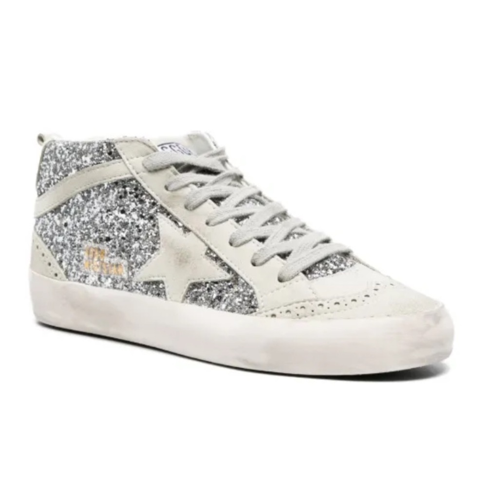 Golden Goose Mid-Star Glitter-Detail Leather Sneakers